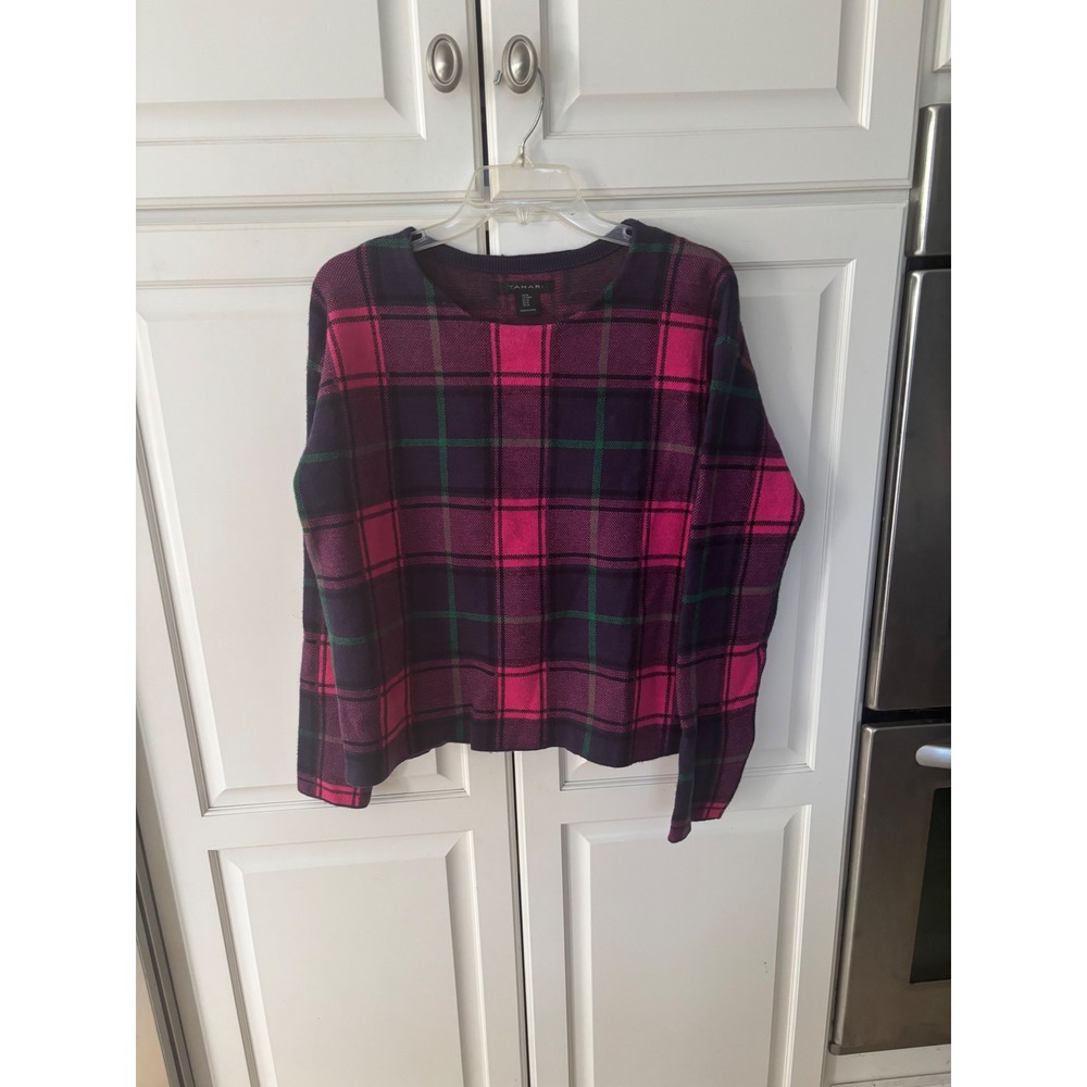 Tahari Womens Pink Navy Blue Plaid Crewneck Long Sleeve Knit Sweater Size Medium
